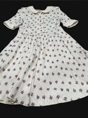 Vintage Casual Women's Dress with Purple Floral Print and Peter Collar